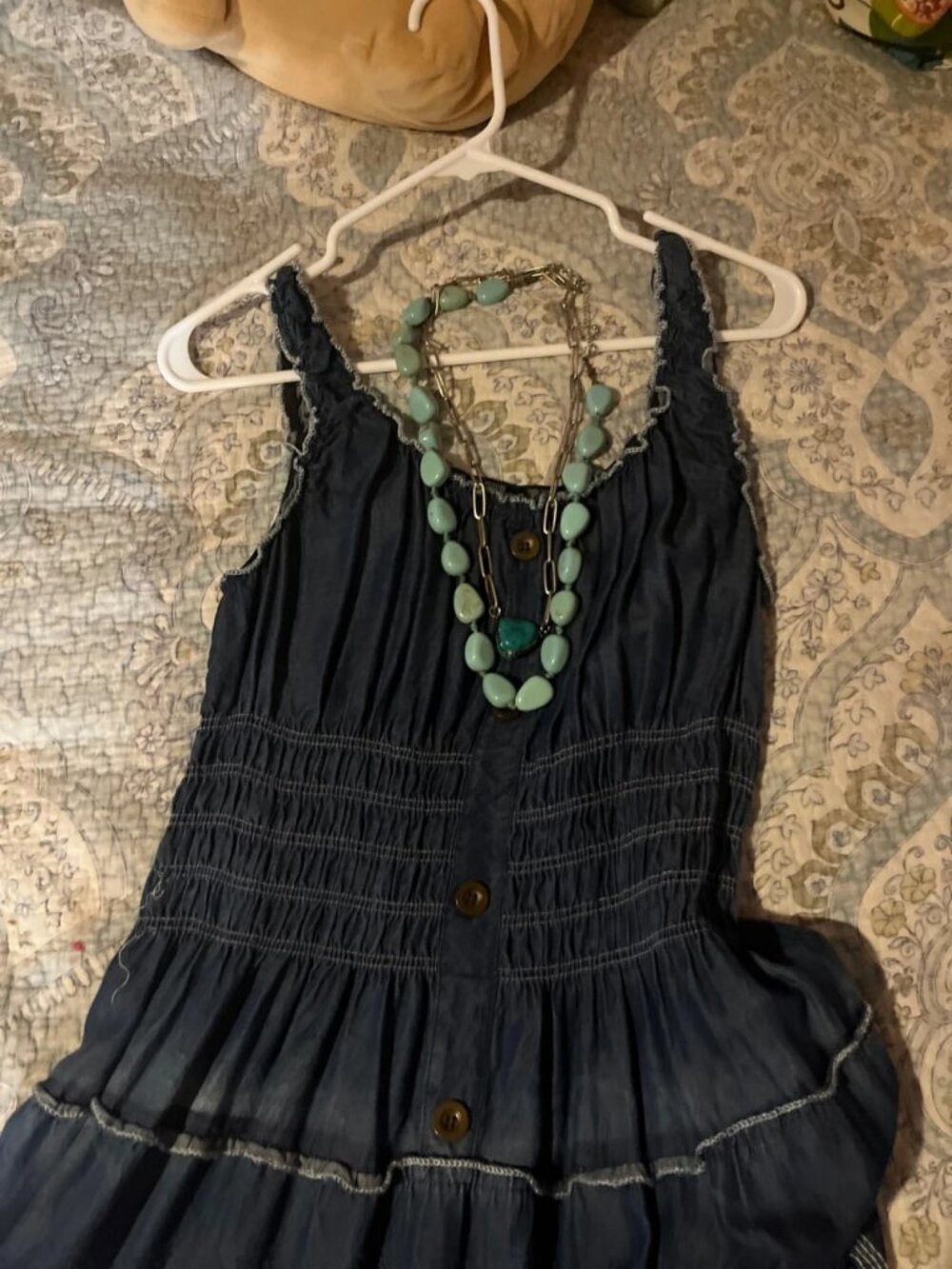 Navy Blue Tiered Maxi Dress with Embroidered Trim and Button Front, Women’s XL /